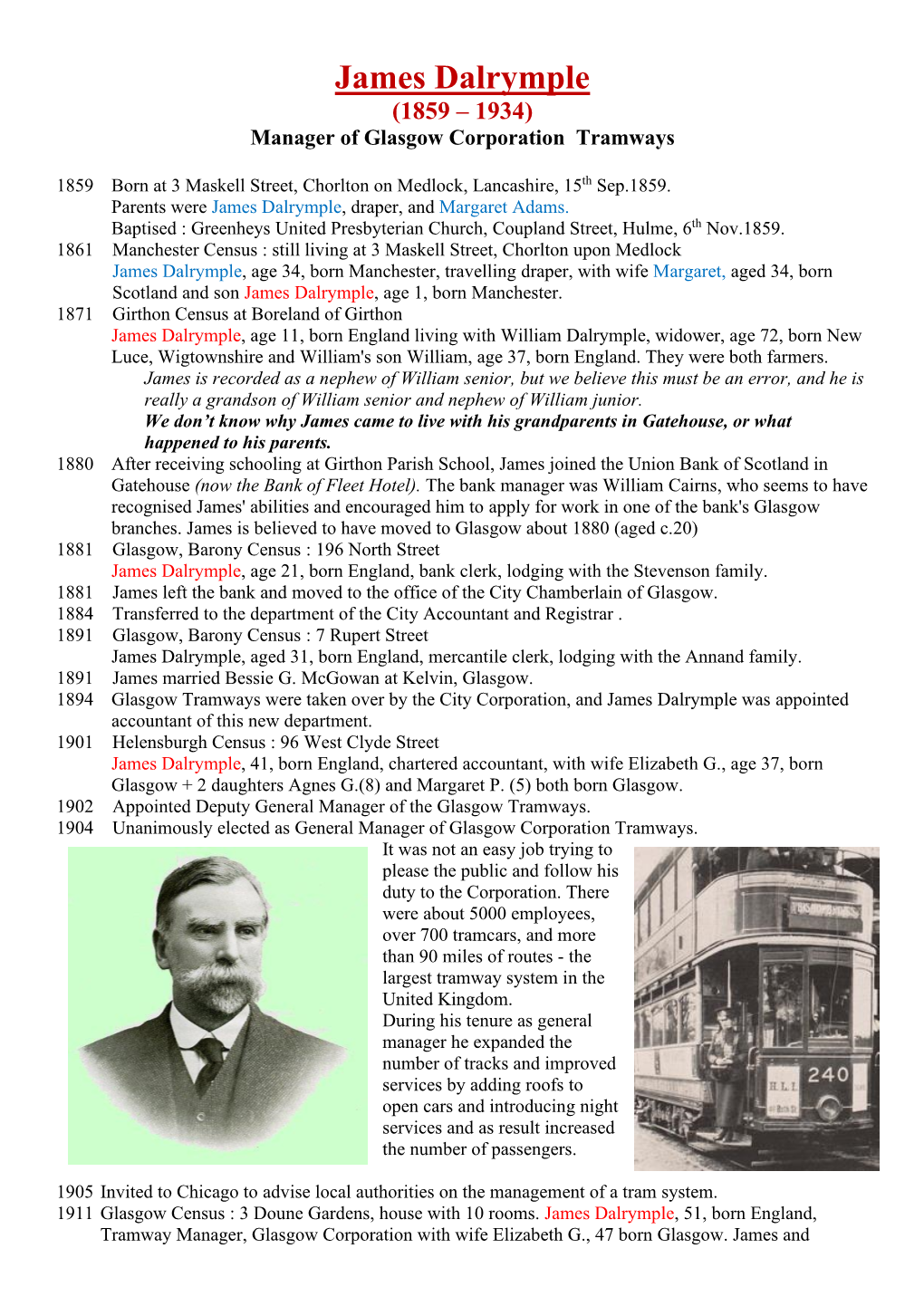 James Dalrymple (1859 – 1934) Manager of Glasgow Corporation Tramways