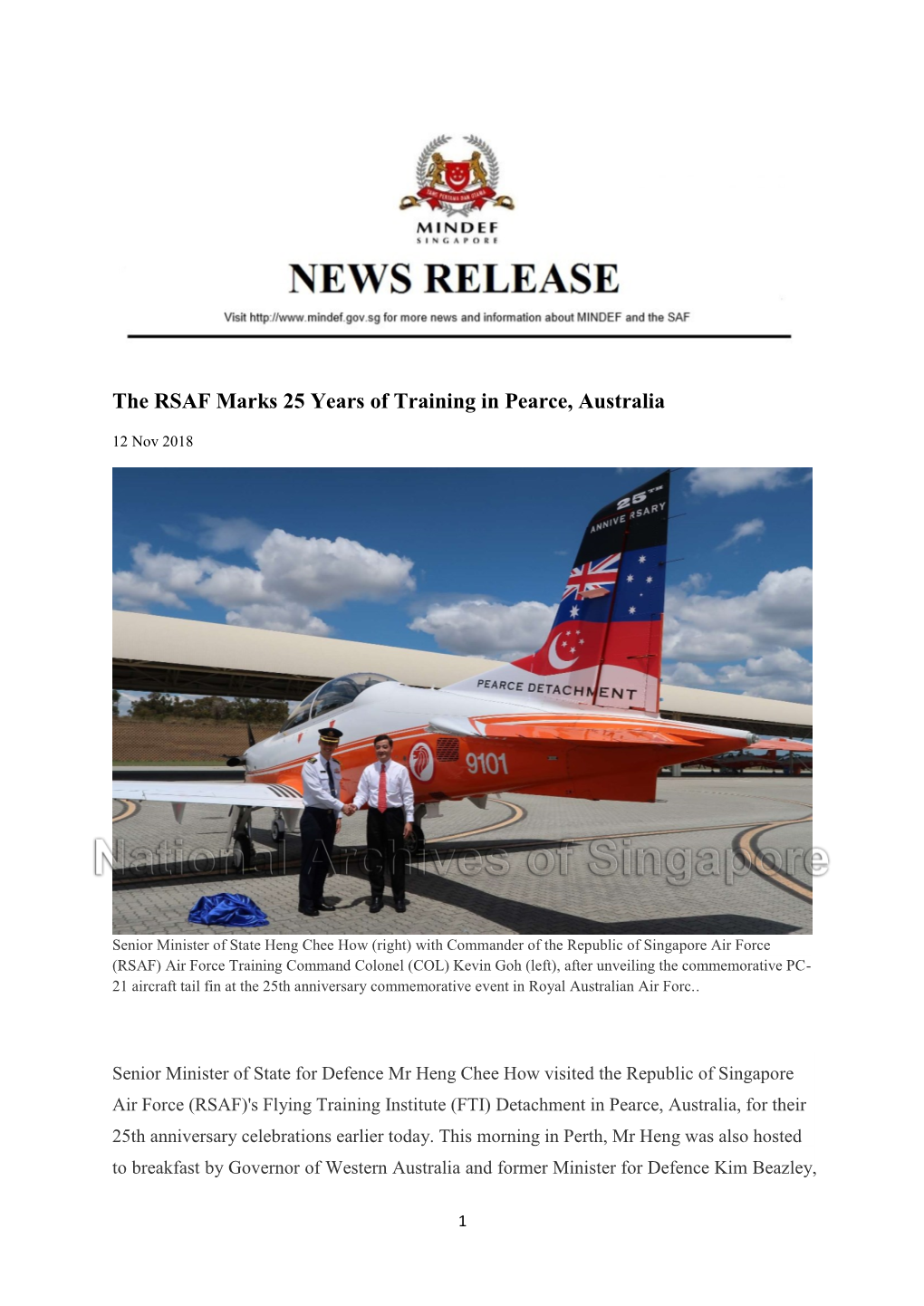 The RSAF Marks 25 Years of Training in Pearce, Australia