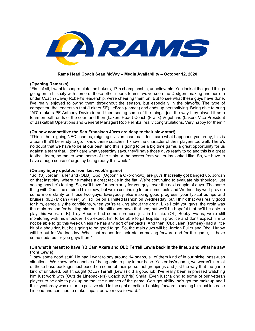 Rams Head Coach Sean Mcvay – Media Availability – October 12, 2020