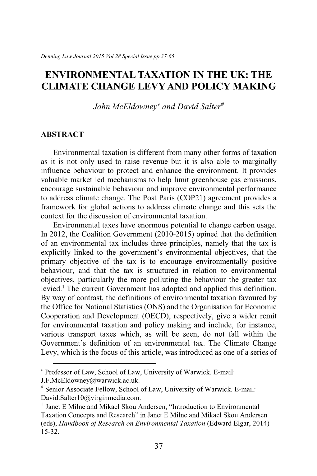 Environmental Taxation in the Uk: the Climate Change Levy and Policy Making