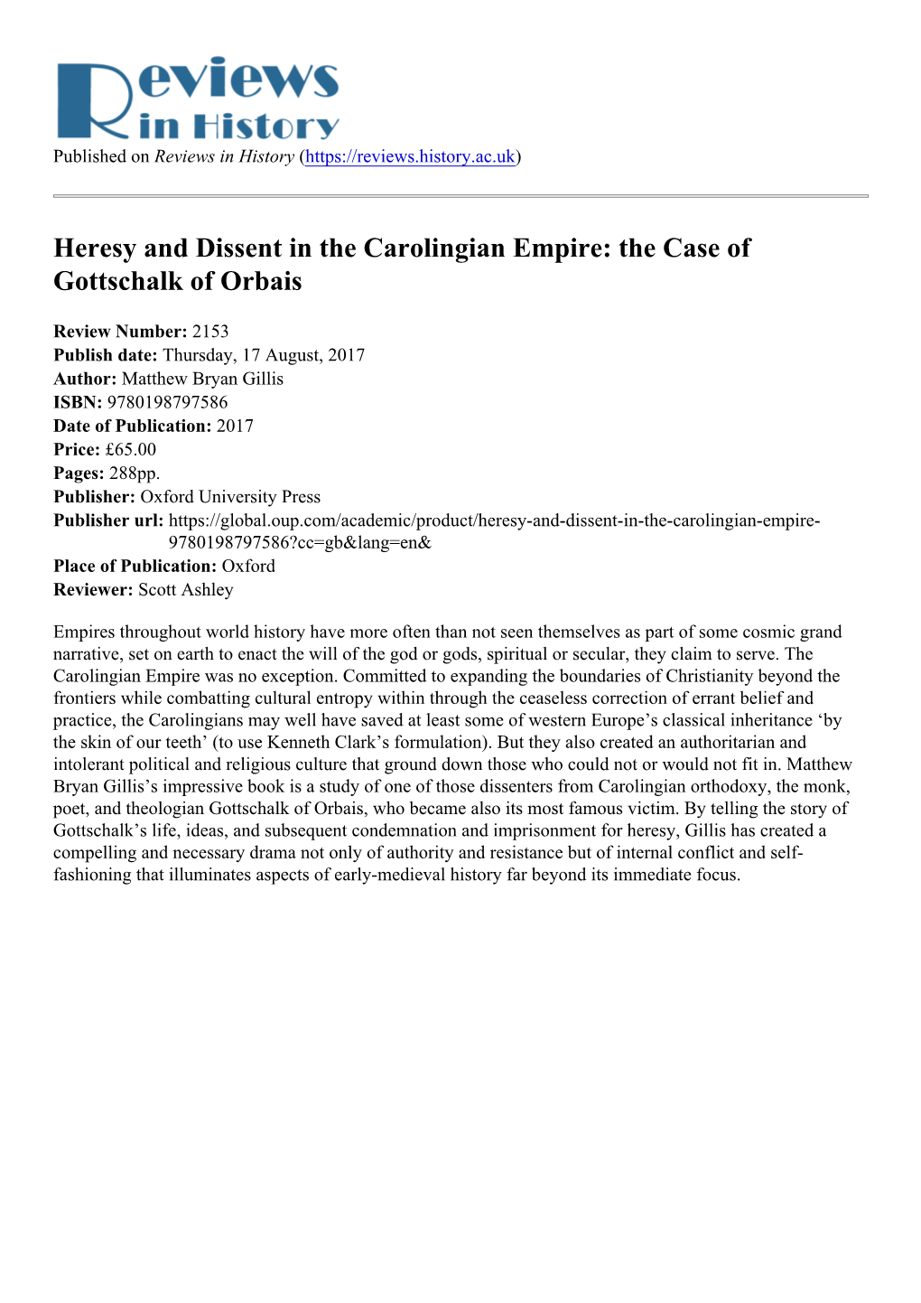 Heresy and Dissent in the Carolingian Empire: the Case of Gottschalk of Orbais