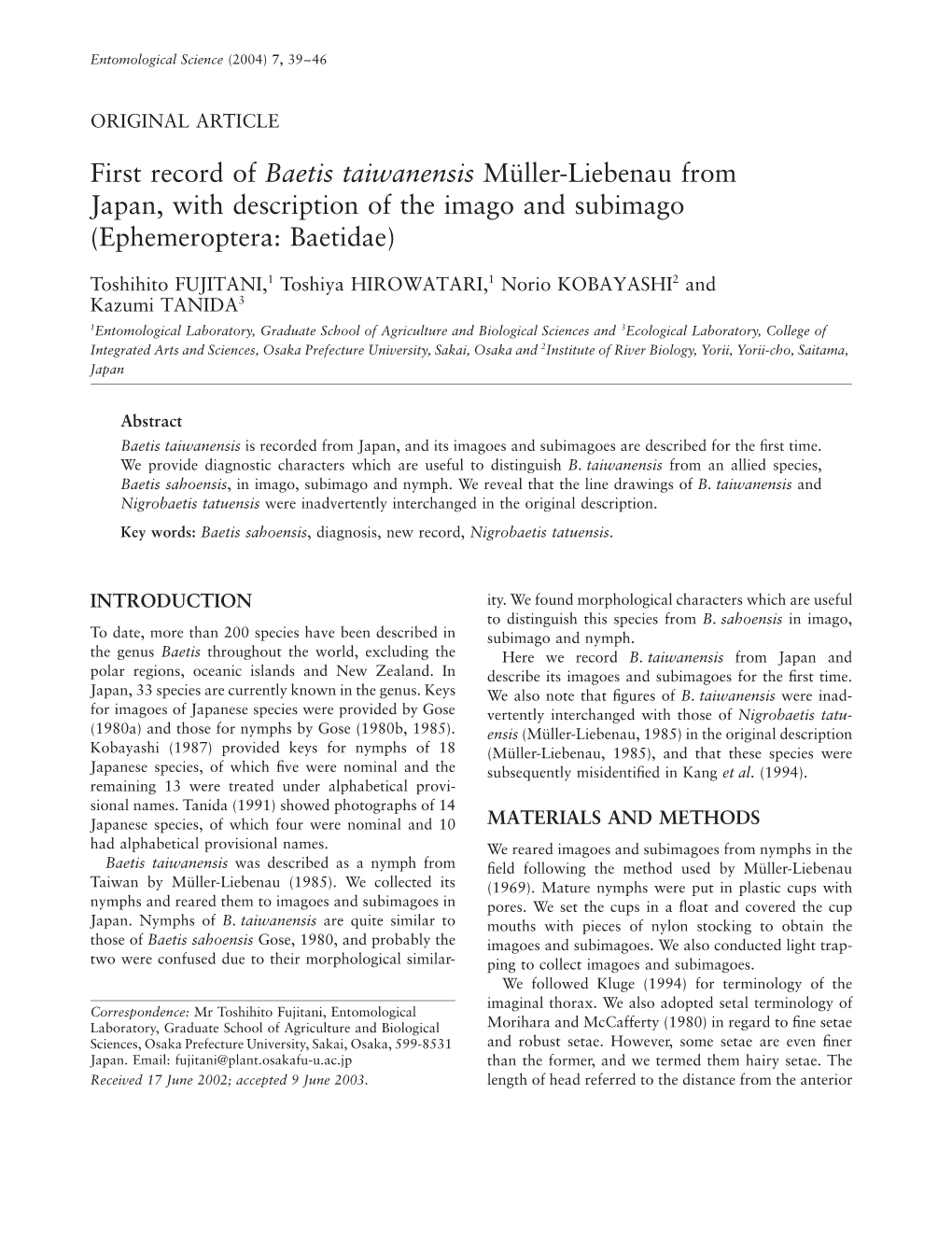 First Record of Baetis Taiwanensis Müller-Liebenau from Japan, with Description of the Imago and Subimago (Ephemeroptera: Baetidae)