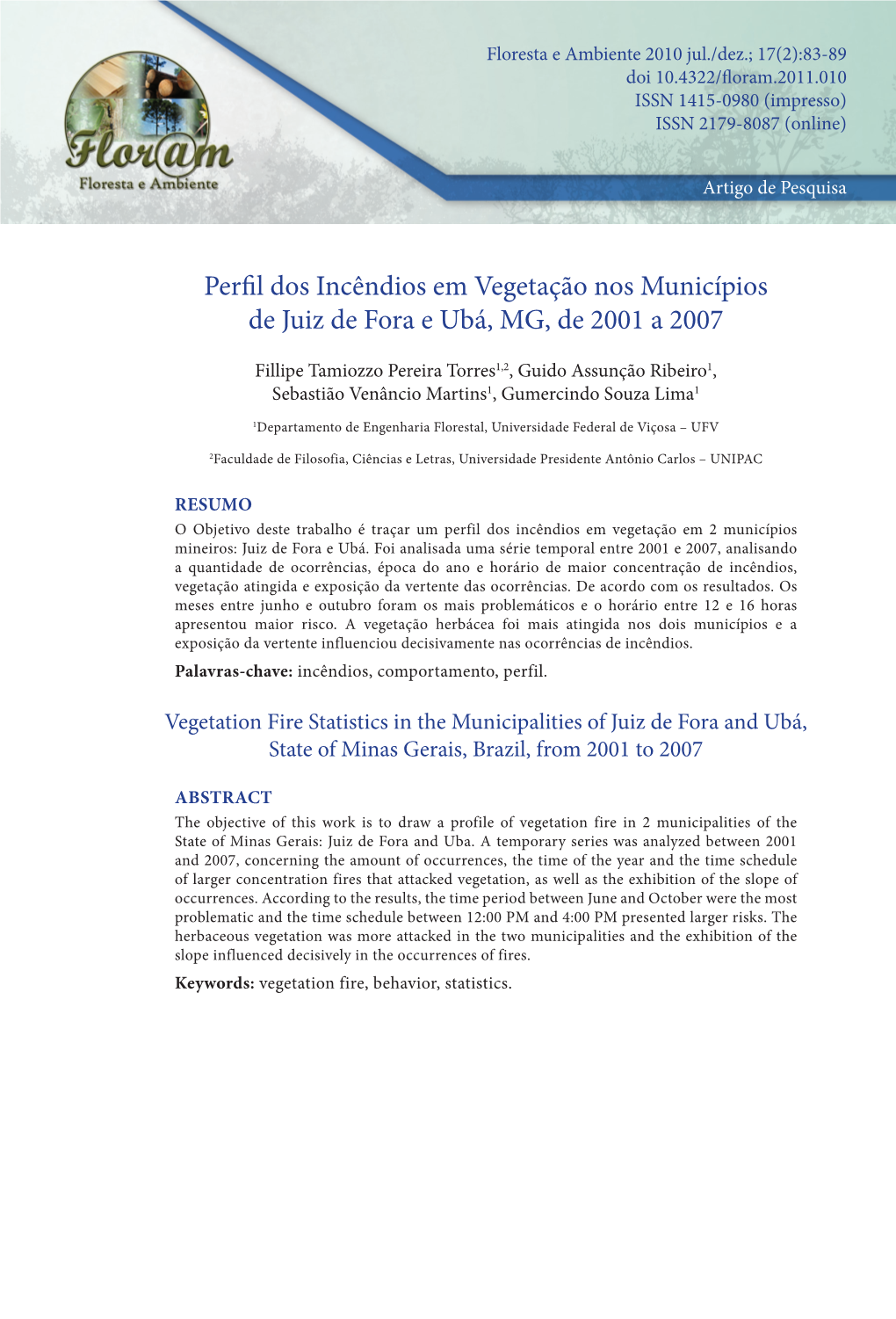 Perfil Dos Incêndios Em Vegetação Nos Municípios De Juiz De Fora E Ubá, MG, De 2001 a 2007