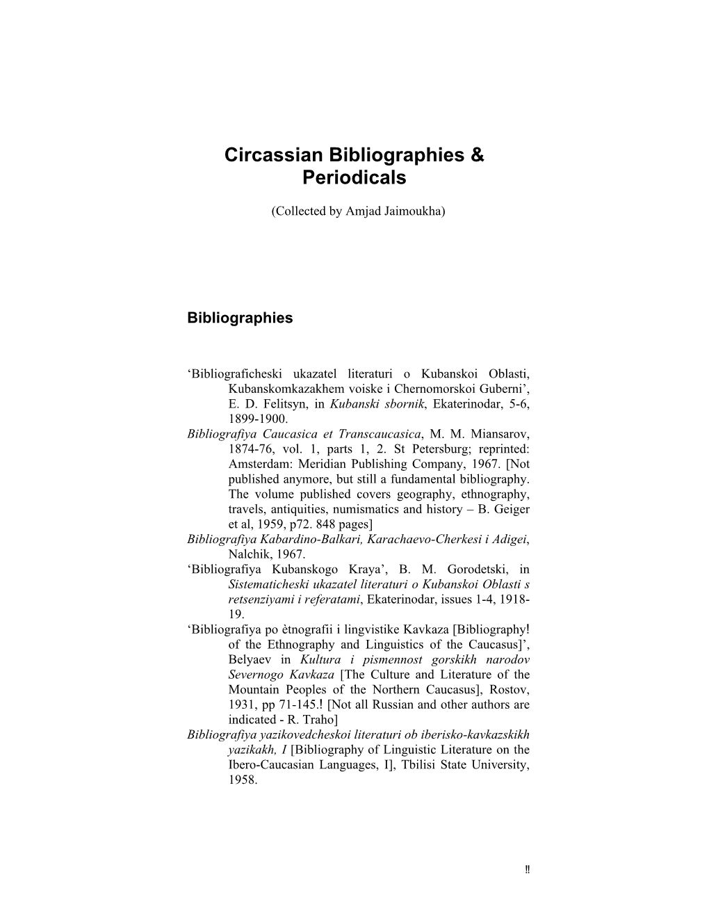 Circassian Bibliographies & Periodicals