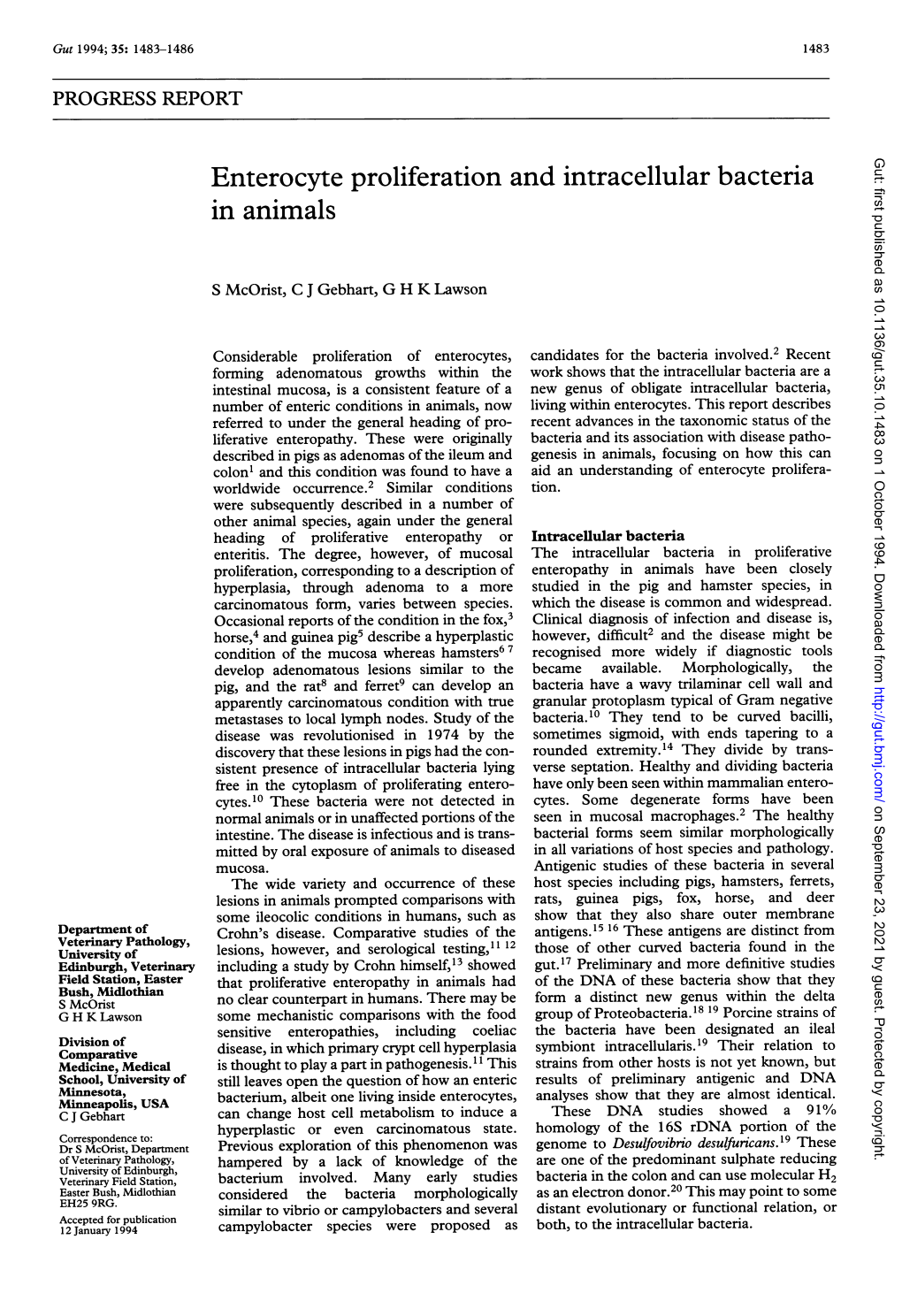 Enterocyte Proliferation and Intracellular Bacteria in Animals