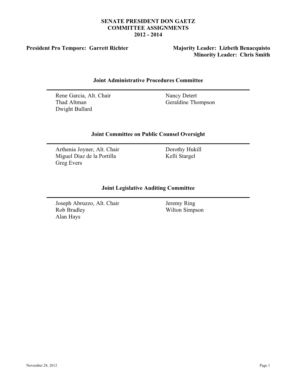 Senate President Don Gaetz Committee Assignments 2012 - 2014