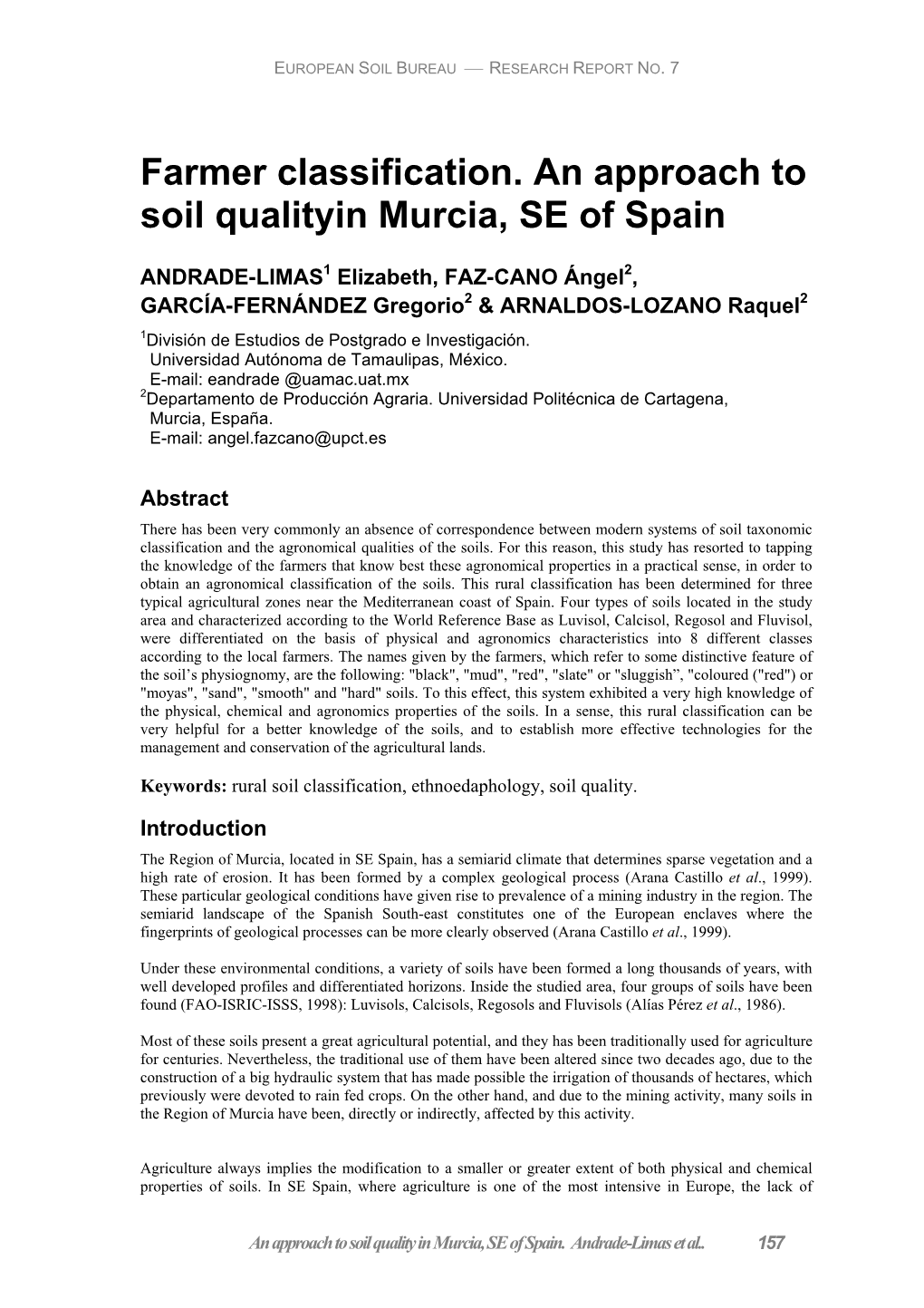 Farmer Classification. an Approach to Soil Qualityin Murcia, SE of Spain