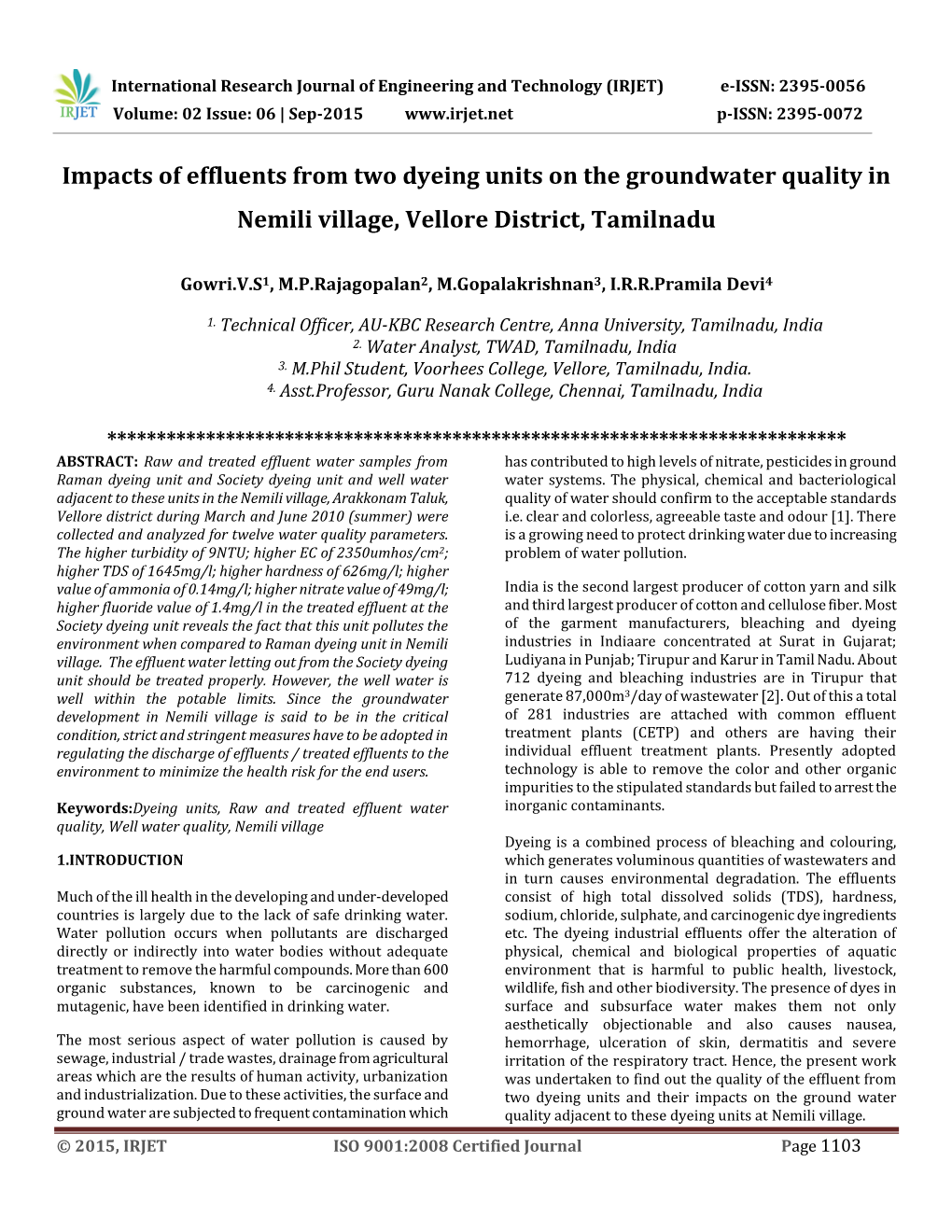 Impacts of Effluents from Two Dyeing Units on the Groundwater Quality in Nemili Village, Vellore District, Tamilnadu