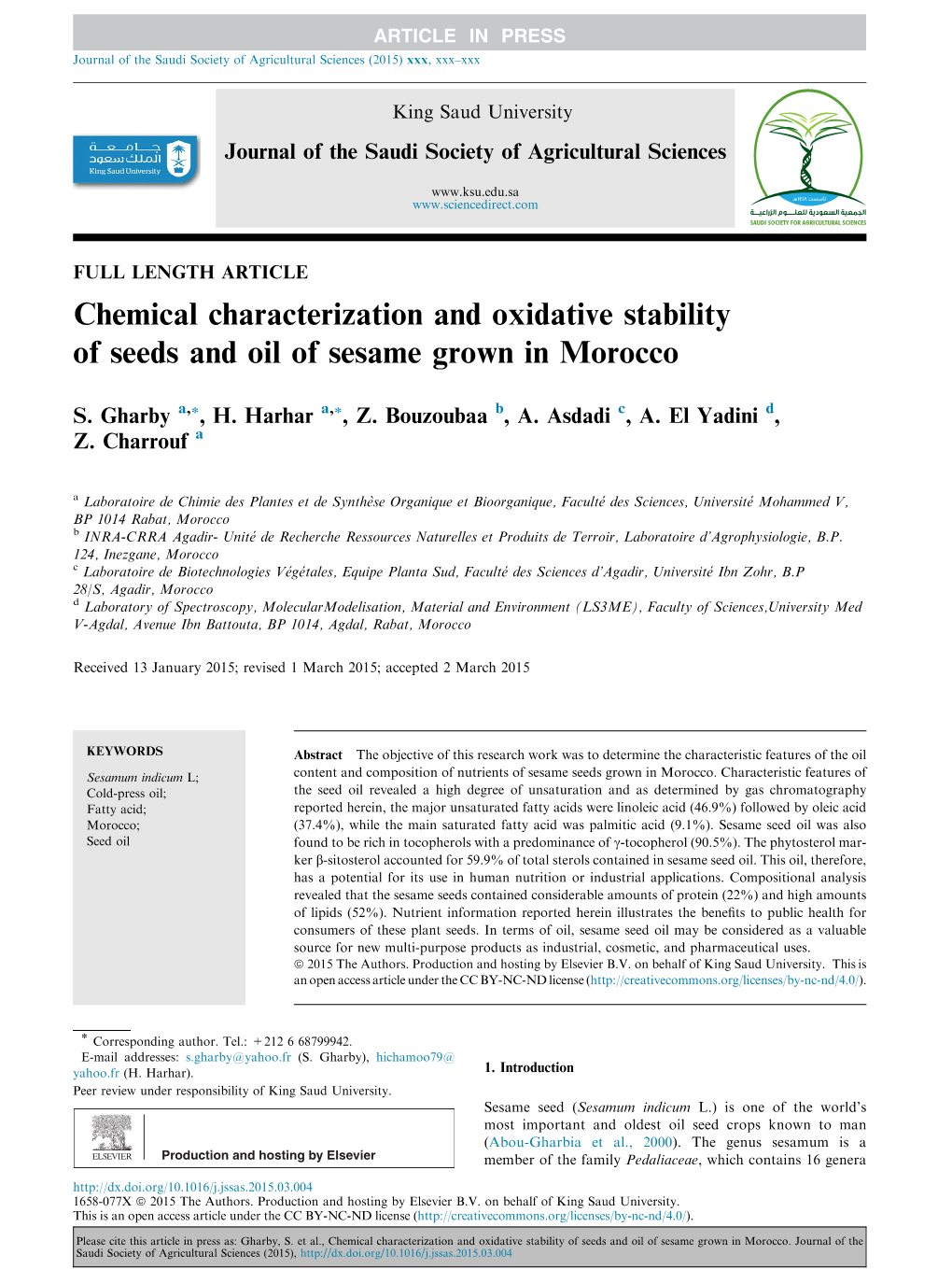 Chemical Characterization and Oxidative Stability of Seeds and Oil of Sesame Grown in Morocco