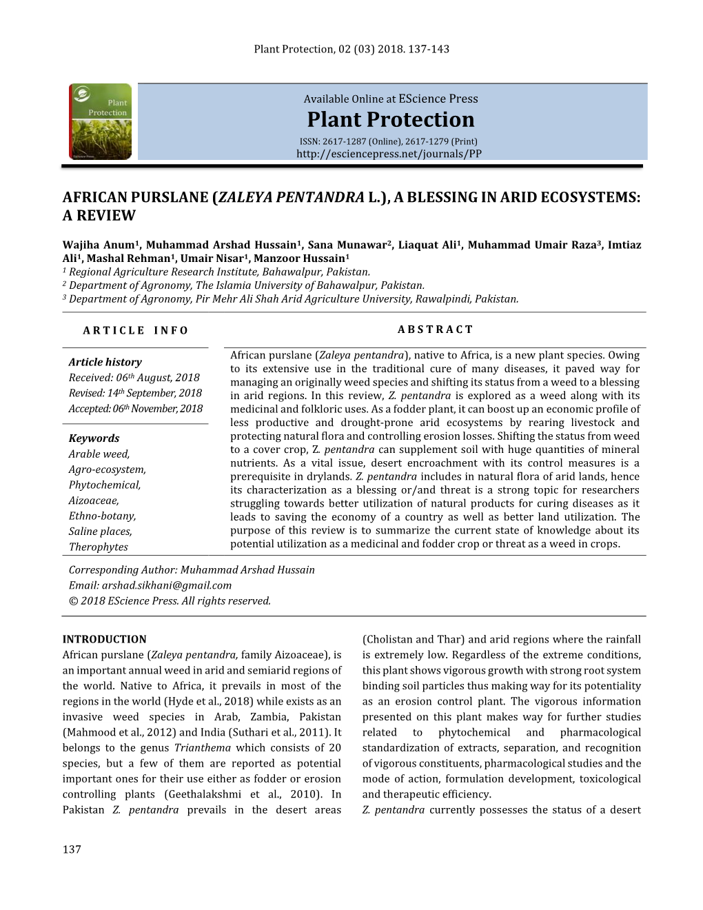 African Purslane (Zaleya Pentandra L.), a Blessing in Arid Ecosystems: a Review