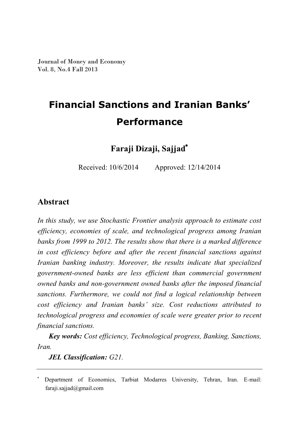 Financial Sanctions and Iranian Banks' Performance
