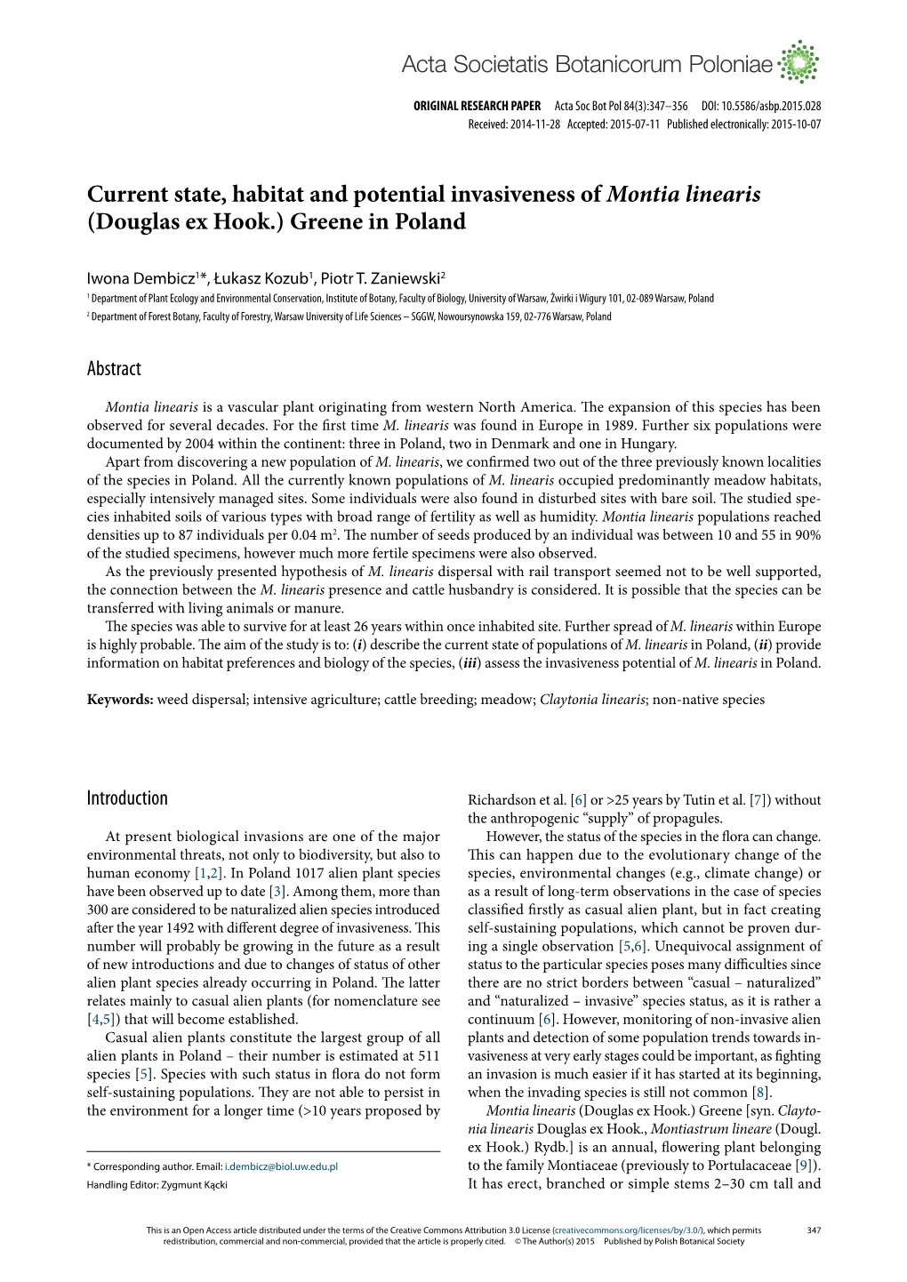 Current State, Habitat and Potential Invasiveness of Montia Linearis (Douglas Ex Hook.) Greene in Poland