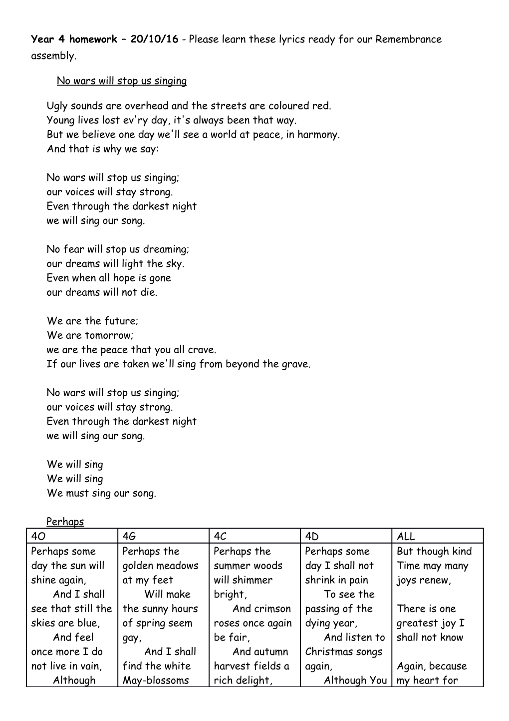 Year 4 Homework 20/10/16 - Please Learn These Lyrics Ready for Our Remembrance Assembly