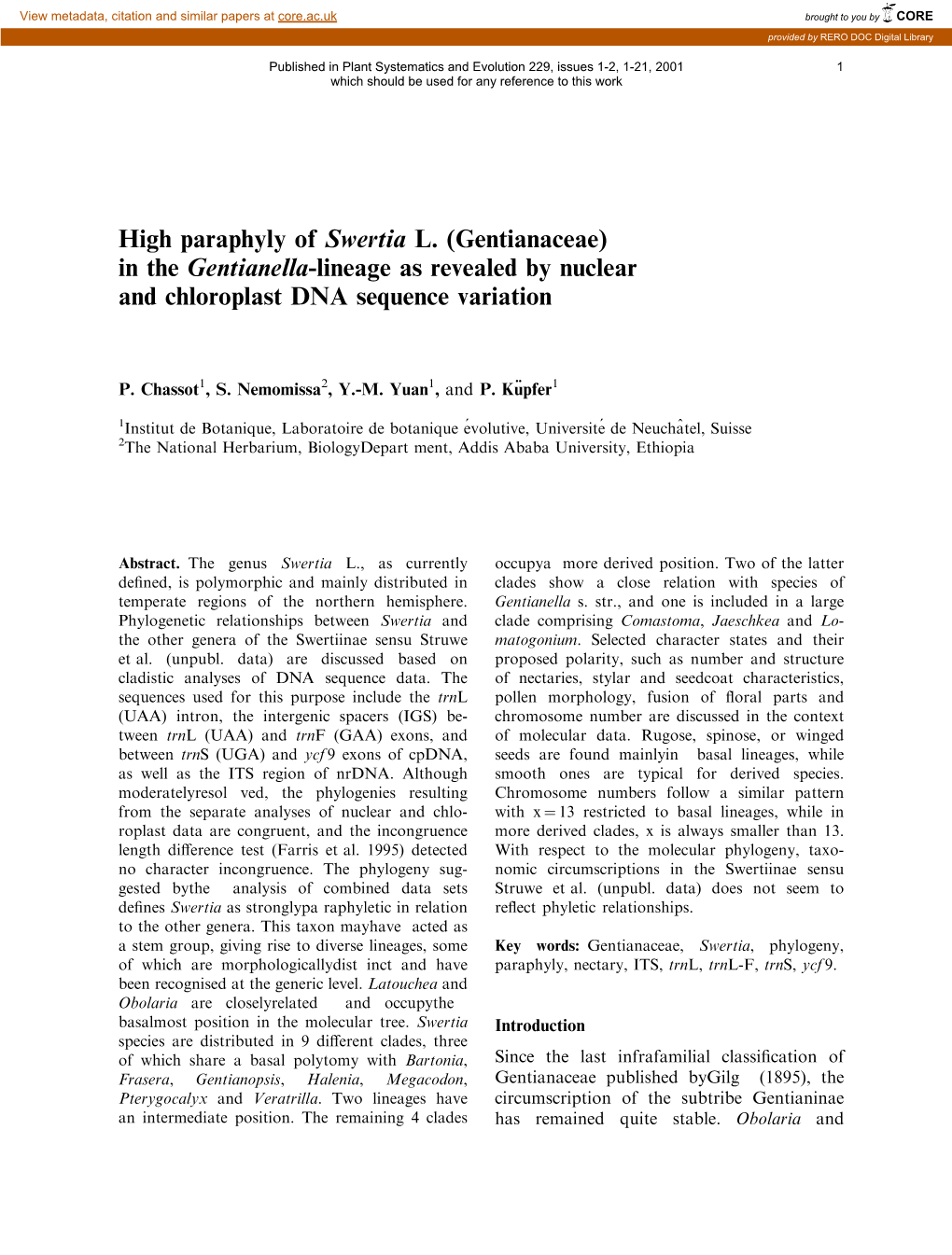 Gentianaceae) in the Gentianella-Lineage As Revealed by Nuclear and Chloroplast DNA Sequence Variation