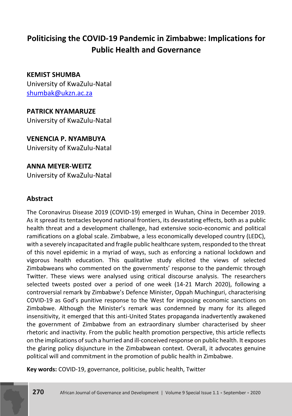 Politicising the COVID-19 Pandemic in Zimbabwe: Implications for Public Health and Governance