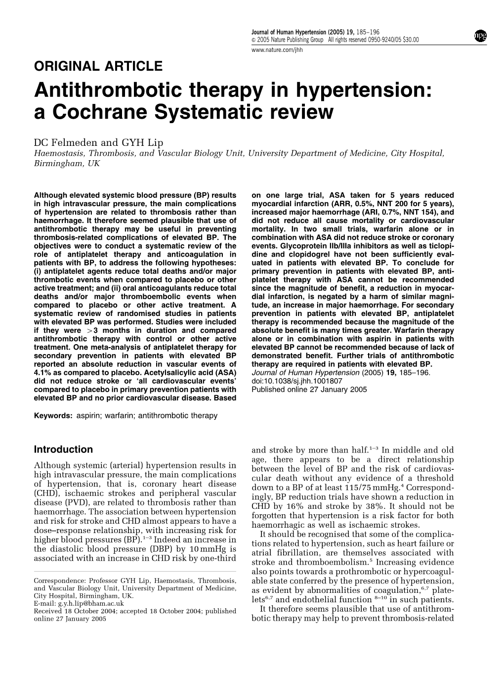 Antithrombotic Therapy in Hypertension: a Cochrane Systematic Review