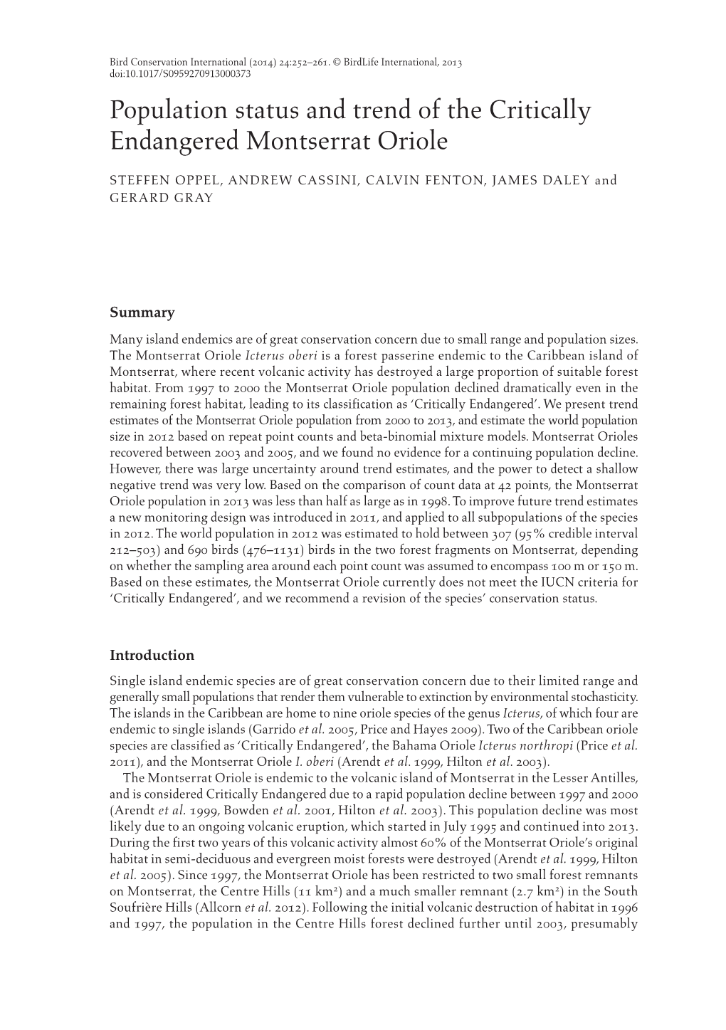 Population Status and Trend of the Critically Endangered Montserrat Oriole