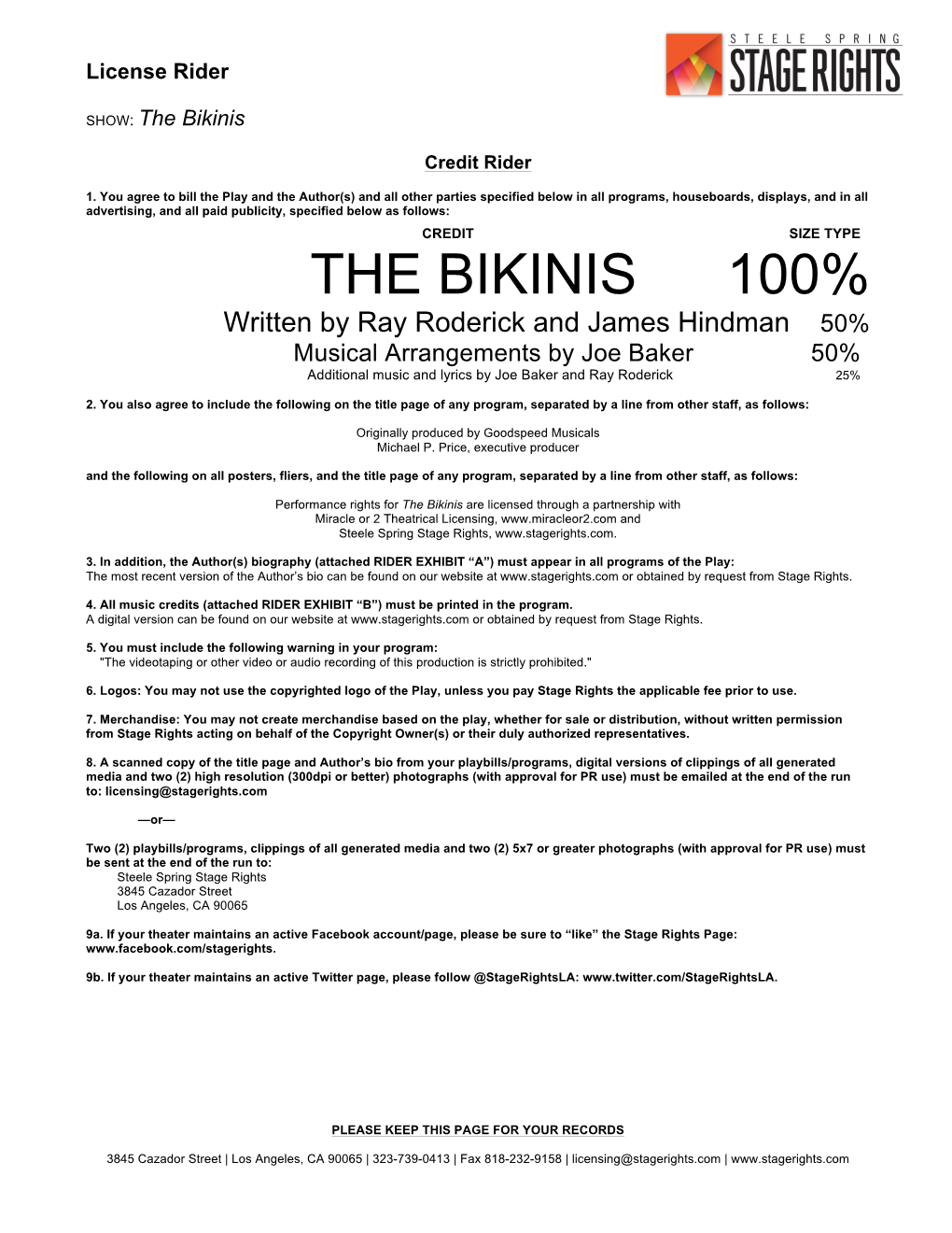 THE BIKINIS 100% Written by Ray Roderick and James Hindman 50% Musical Arrangements by Joe Baker 50% Additional Music and Lyrics by Joe Baker and Ray Roderick 25%