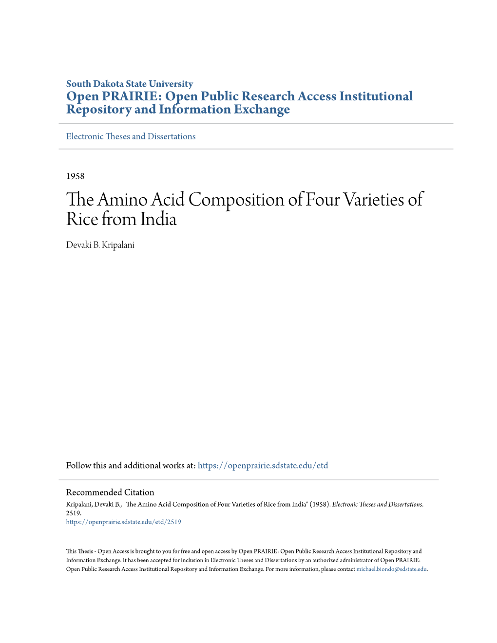 The Amino Acid Composition of Four Varieties of Rice from India Devaki B