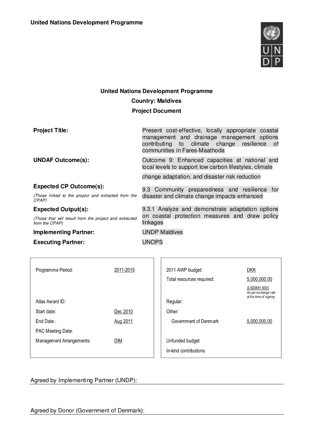 Maldives Project Document Project Title