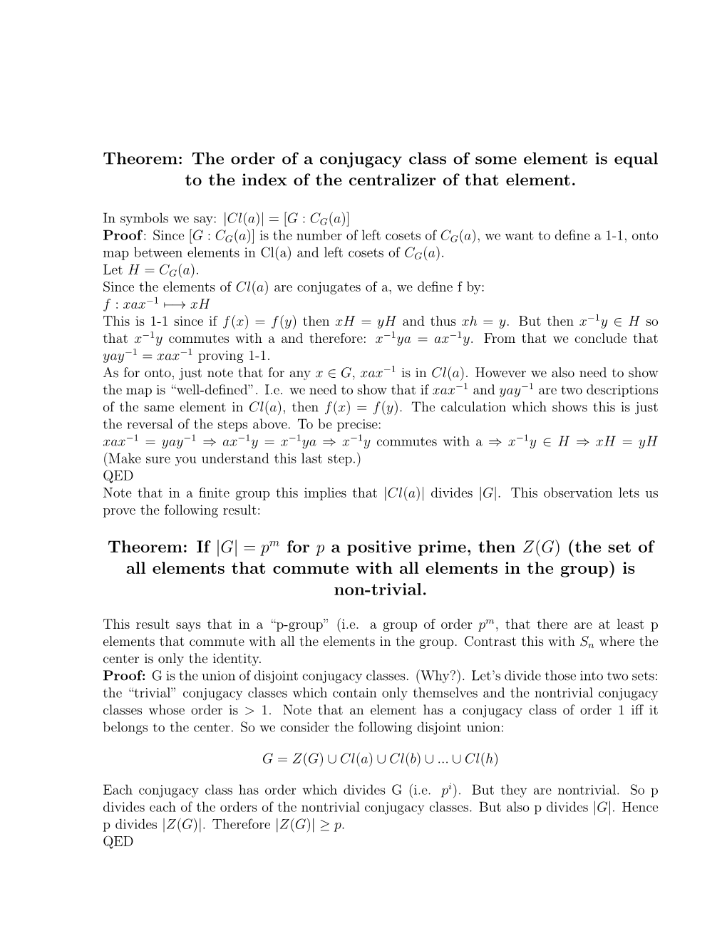 Theorem: the Order of a Conjugacy Class of Some Element Is Equal to the Index of the Centralizer of That Element