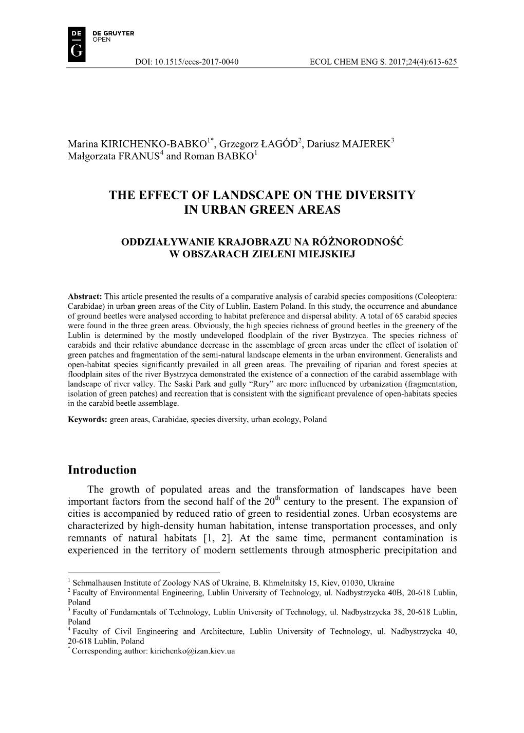 The Effect of Landscape on the Diversity in Urban Green Areas