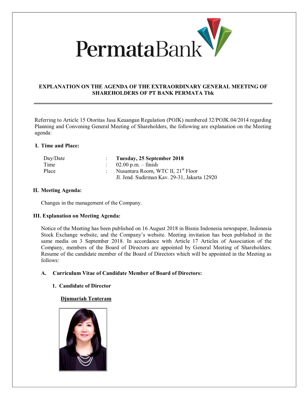 EXPLANATION on the AGENDA of the EXTRAORDINARY GENERAL MEETING of SHAREHOLDERS of PT BANK PERMATA Tbk