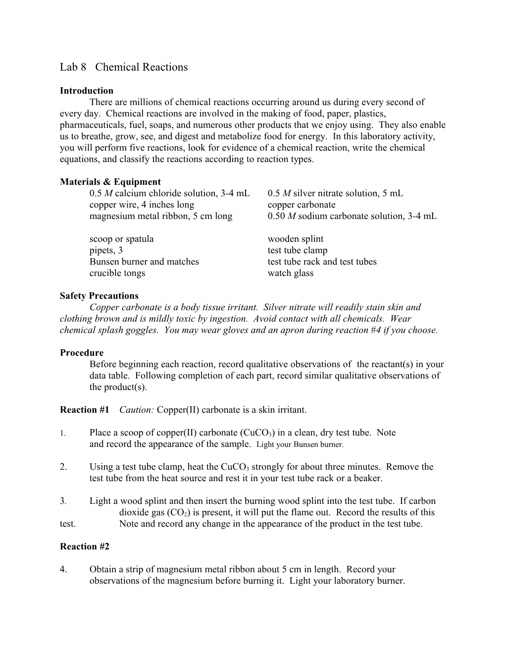 Lab 8 Chemical Reactions