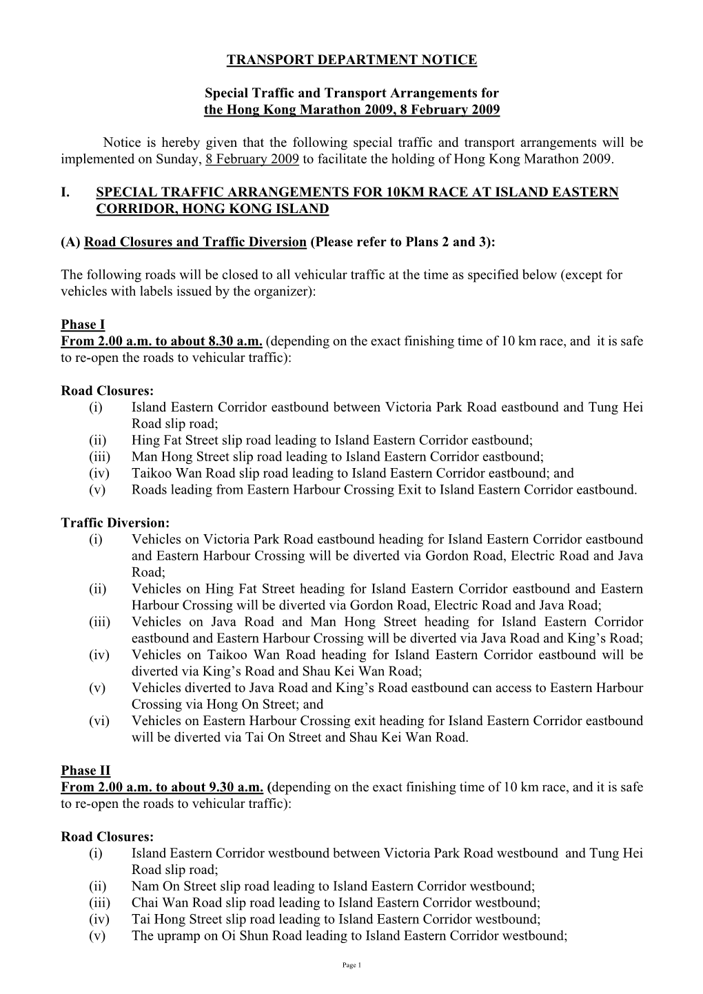 TRANSPORT DEPARTMENT NOTICE Special Traffic and Transport