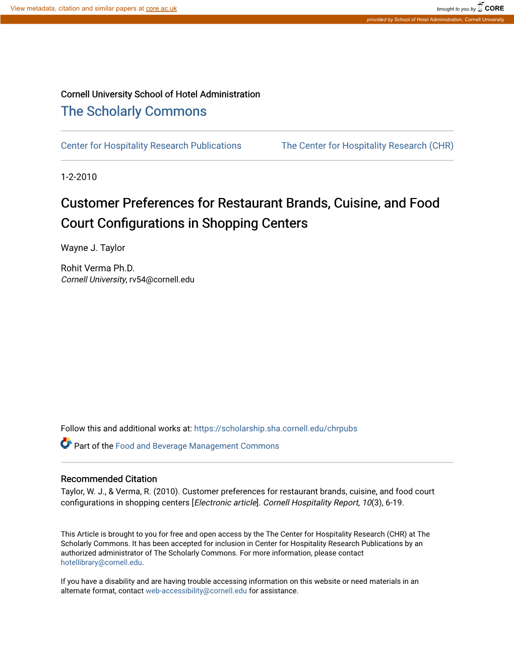 Customer Preferences for Restaurant Brands, Cuisine, and Food Court Configurations in Shopping Centers