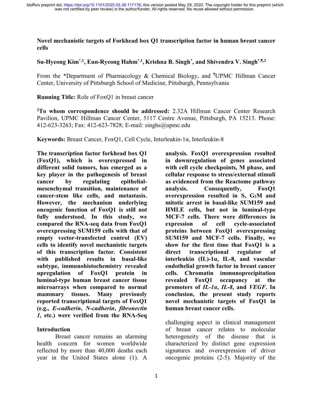 Novel Mechanistic Targets of Forkhead Box Q1 Transcription Factor in Human Breast Cancer Cells