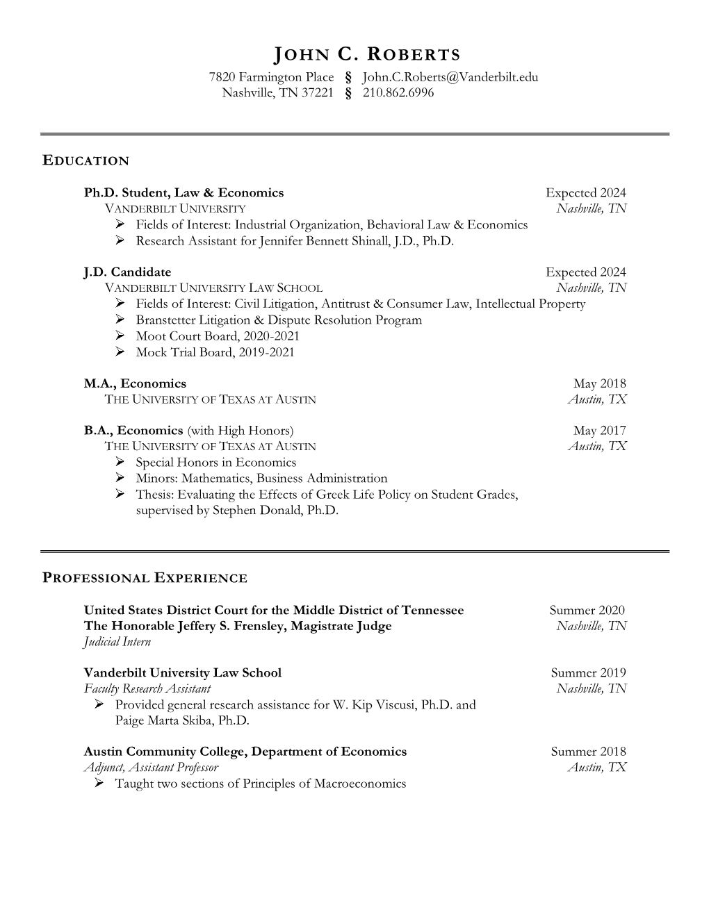 John C. Roberts's CV