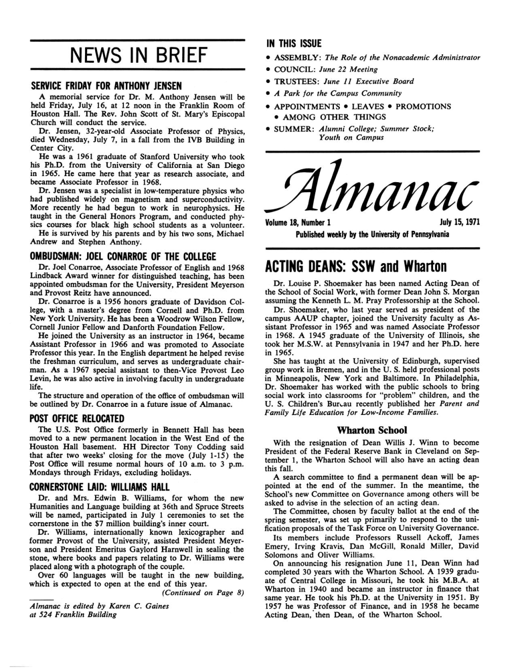 Almanac, 07/15/71, Vol. 18, No. 01