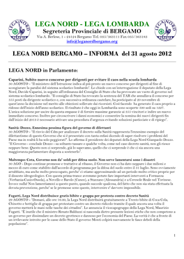 LEGA LOMBARDA Segreteria Provinciale Di BERGAMO Via A