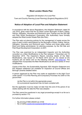 West London Waste Plan Notice of Adoption of Local
