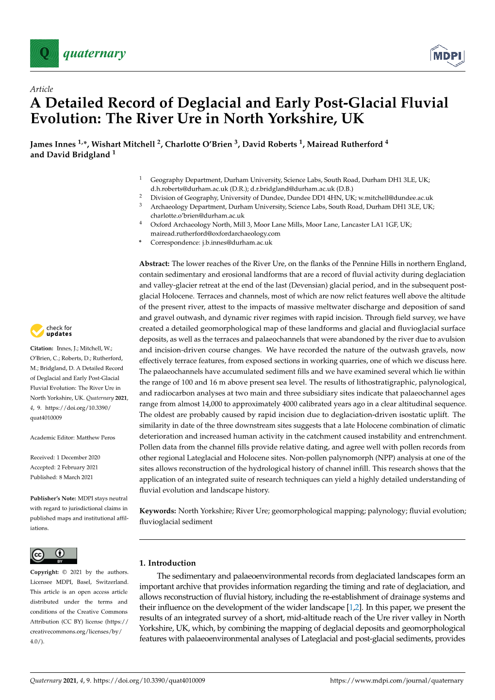 A Detailed Record of Deglacial and Early Post-Glacial Fluvial Evolution: the River Ure in North Yorkshire, UK