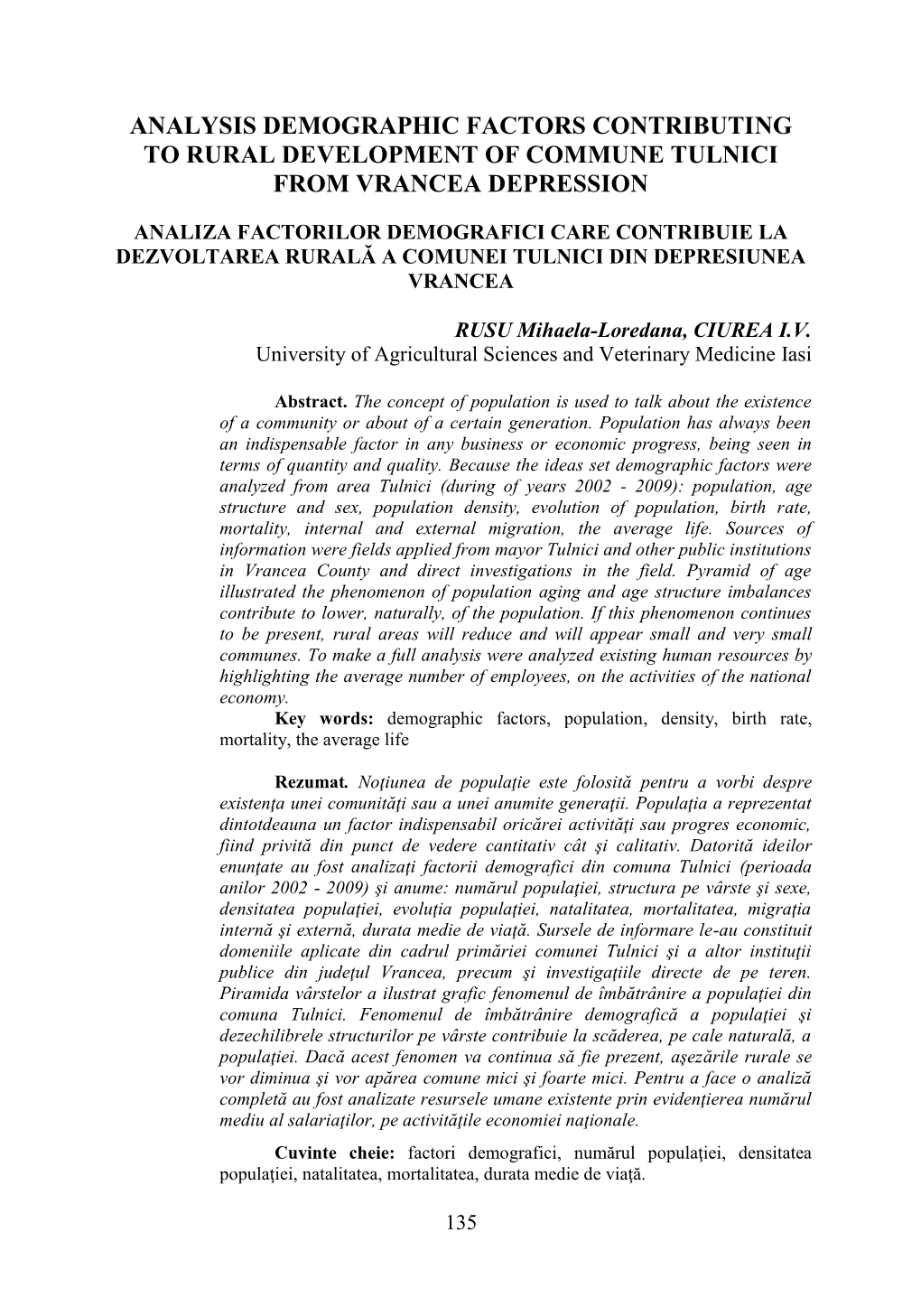 Analysis Demographic Factors Contributing to Rural Development of Commune Tulnici from Vrancea Depression