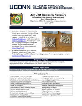 July 2020 Diagnostic Summary Prepared by Abby Beissinger, Diagnostician & Carl Johnson, Intern Department of Plant Science & Landscape Architecture August 7, 2020