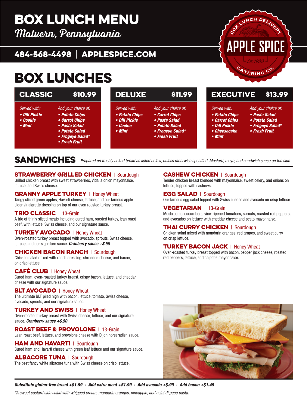 Box Lunches Box Lunch Menu