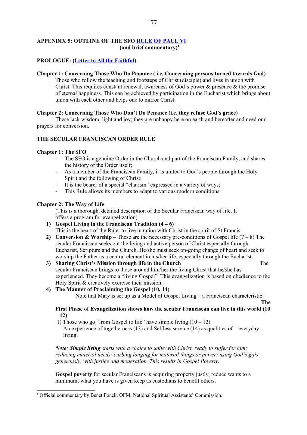 Appendix 5: Outline of the Sfo Rule of Paul Vi