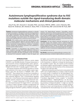 Autoimmune Lymphoproliferative Syndrome Due to FAS Mutations Outside the Signal-Transducing Death Domain: Molecular Mechanisms and Clinical Penetrance