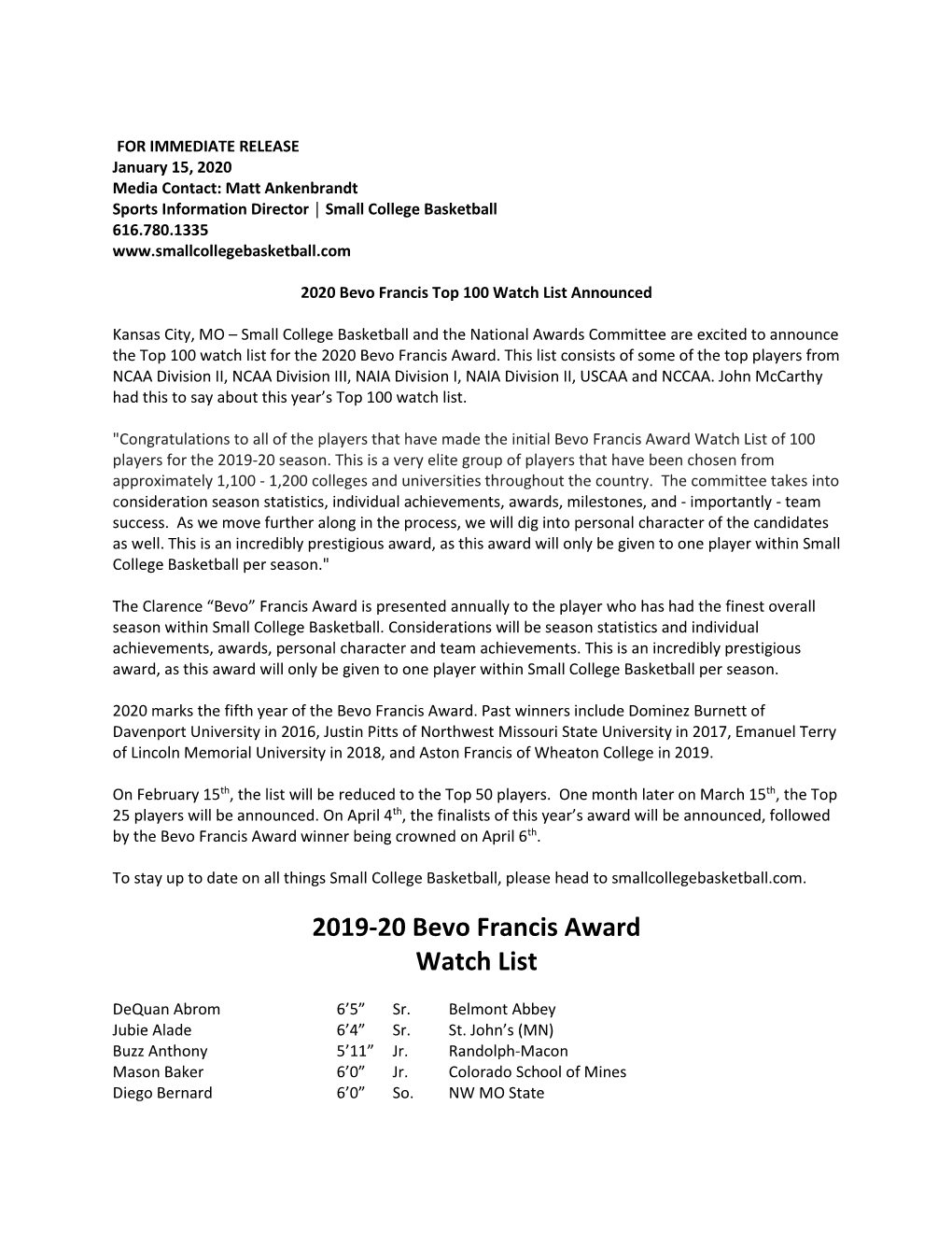 2019-20 Bevo Francis Award Watch List