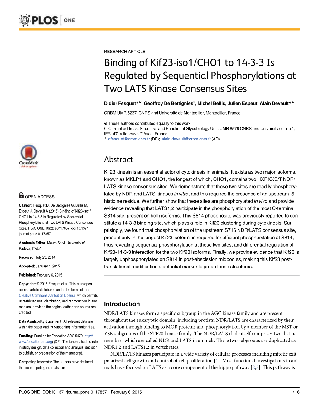 Binding of Kif23-Iso1/CHO1 to 14-3-3 Is Regulated by Sequential Phosphorylations at Two LATS Kinase Consensus Sites