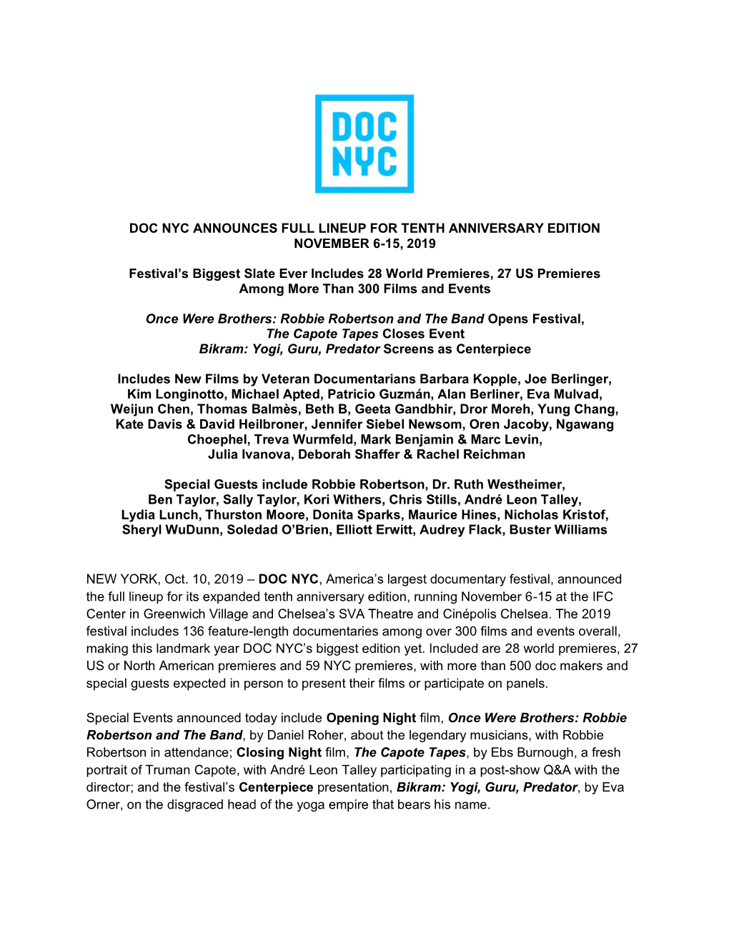 Doc Nyc Announces Full Lineup for Tenth Anniversary Edition November 6-15, 2019