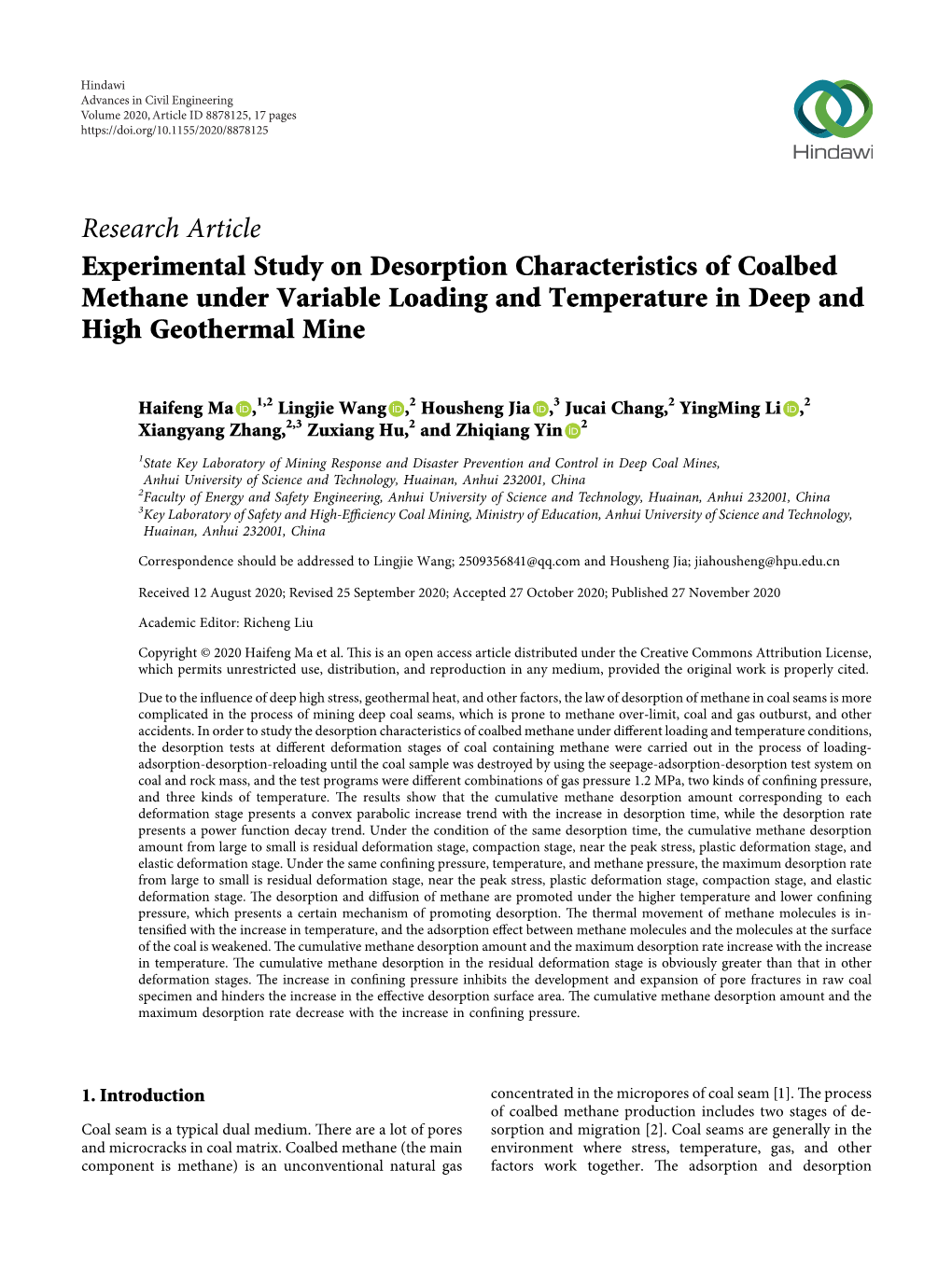Research Article Experimental Study on Desorption Characteristics of Coalbed Methane Under Variable Loading and Temperature in Deep and High Geothermal Mine