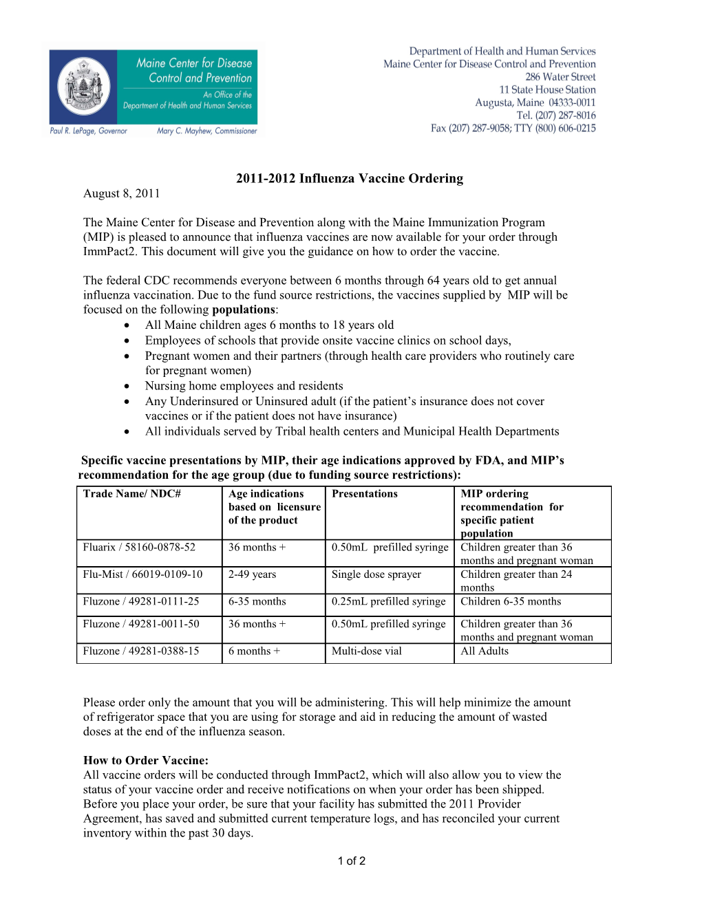 2011-2012 Influenza Availability Information