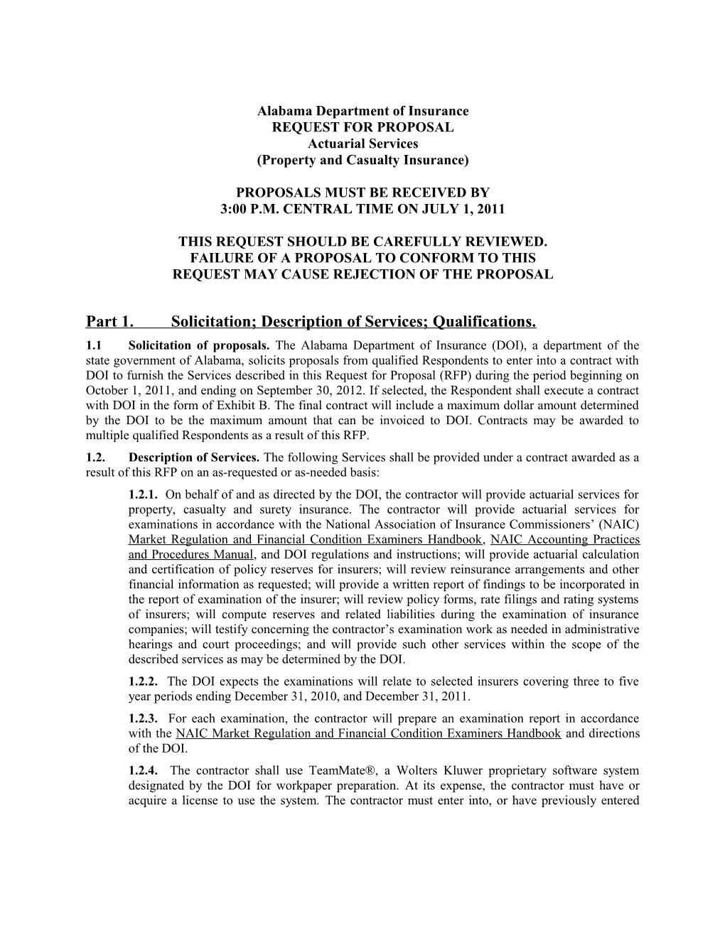 2011 ALDOI RFP for Property and Casualty Actuarial Services