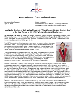 American Culinary Federation Press Release