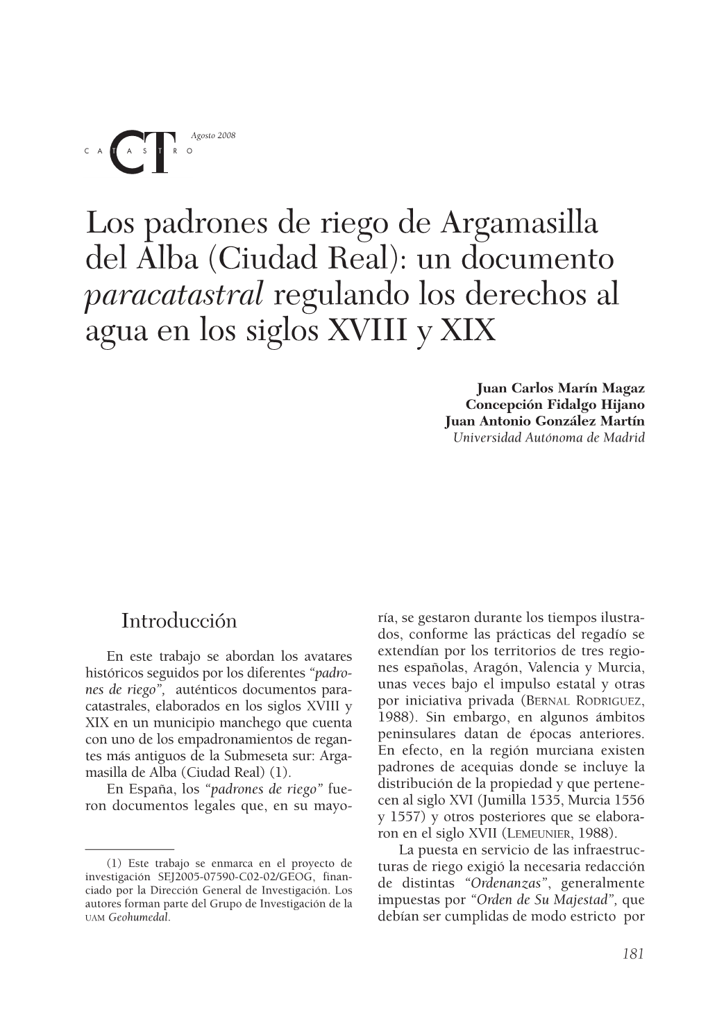 Ciudad Real): Un Documento Paracatastral Regulando Los Derechos Al Agua En Los Siglos XVIII Y XIX