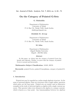 On the Category of Pointed G-Sets